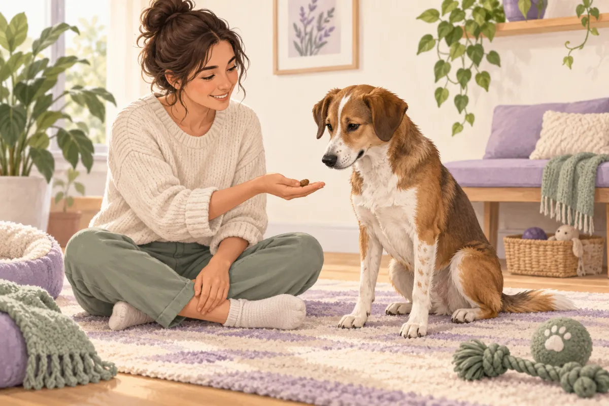 Ilustración de una persona a la altura de un perro, ofreciéndole una pequeña recompensa en un ambiente tranquilo