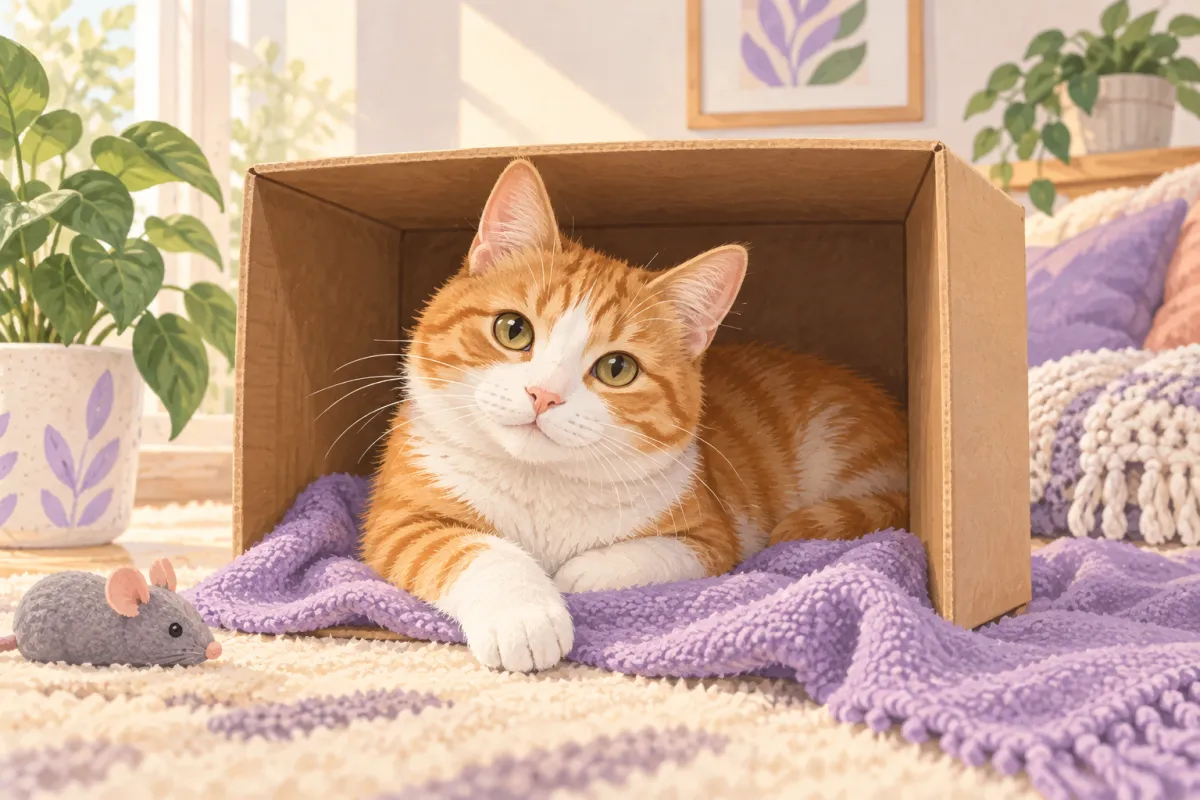 Ilustración de un gato anaranjado descansando por voluntad propia en una caja abierta con una manta