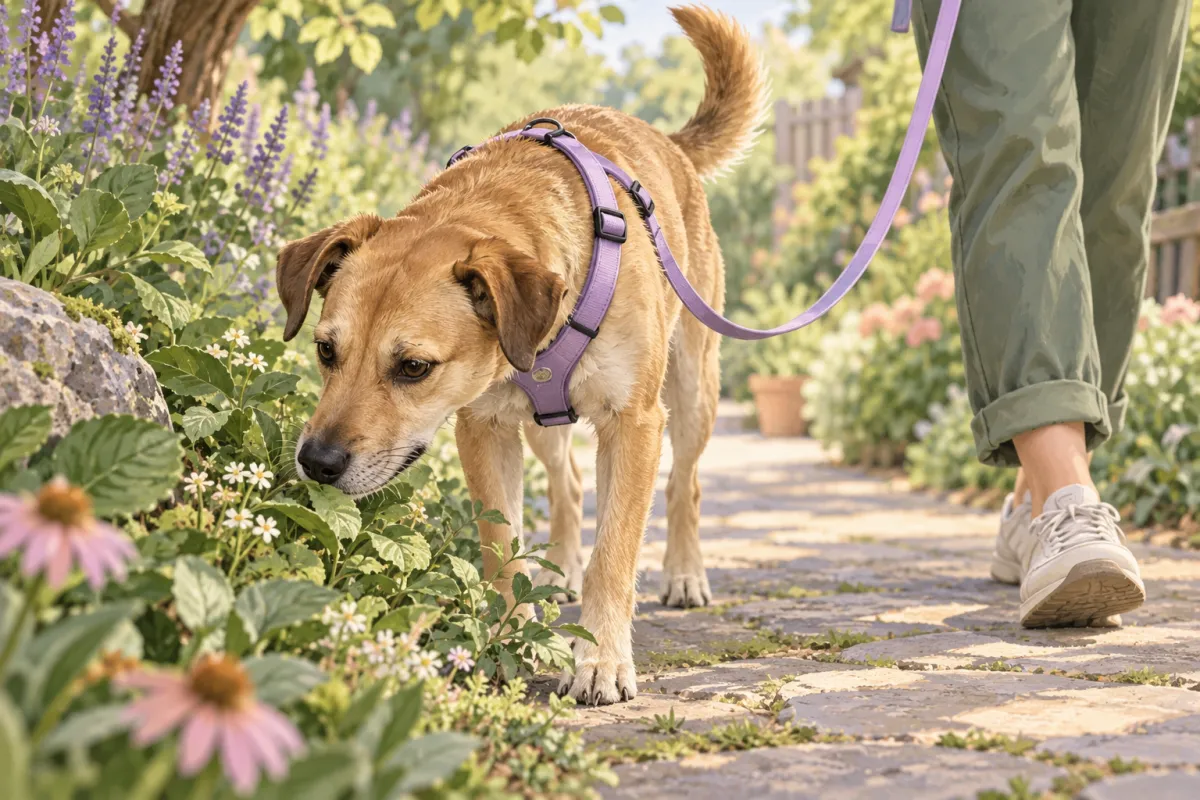 Ilustración de un perro con arnés olfateando plantas durante un paseo con correa relajada